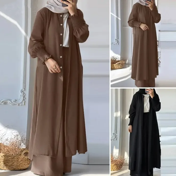 Muslimische 2 Stück Frauen langen Mantel weites Bein Hosen Anzug Ramadan Marokko Dubai Islam lässig Ensemble Kimono Musulmane arabische Outfits Image