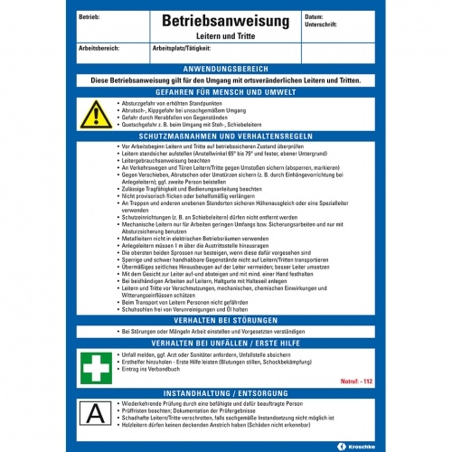 König Werbeanlagen Dreifke® Maschinenbetriebsanweisung Leitern und Tritte, Kunststoff, 210x297mm, ASR A1.3, DIN EN ISO 7010 Image