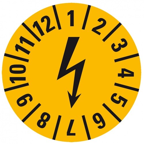 König Werbeanlagen Dreifke® Aufkleber I Prüfplakette mit Blitzpfeil, gelb, Dokumentenfolie, selbstklebend, Ø15mm, 60/Bogen Image