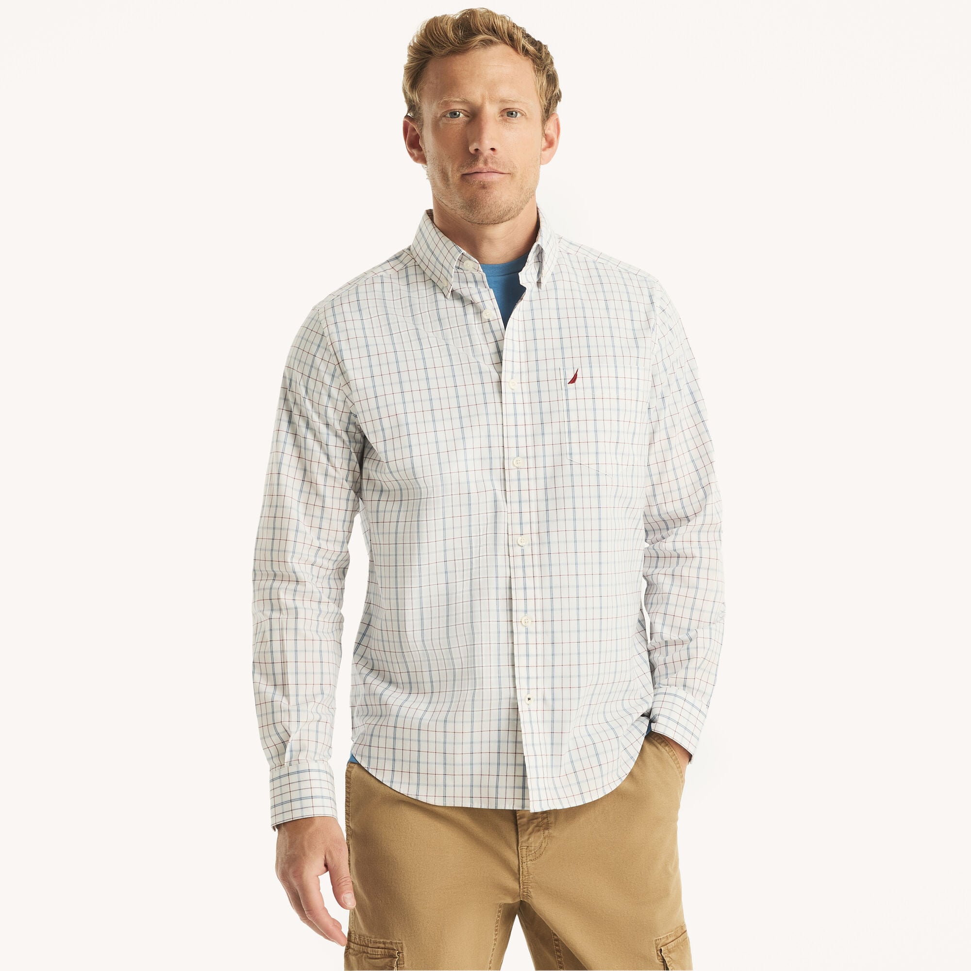 Nautica Men's Classic Fit Wrinkle-Resistant Plaid Shirt 101 (Bright White), XXL