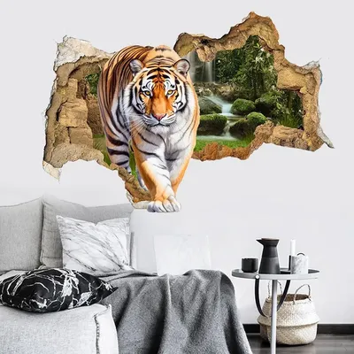 Lifelike Tiger Broken Wall Hole Art Vinyl Mural Stickers for Home Decorations Aesthetic Rooms Animal World Landscape Poster
