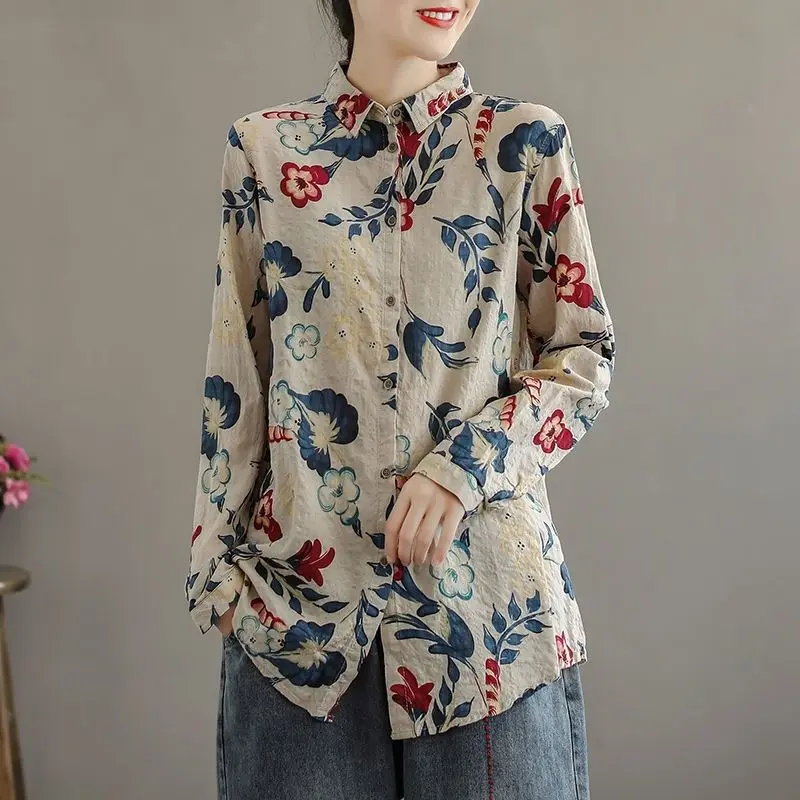 Fashion Vintage Polo-Neck Printed Floral Blouse Women's Clothing Spring Autumn Loose Casual All-match Long Sleeve Button Shirt