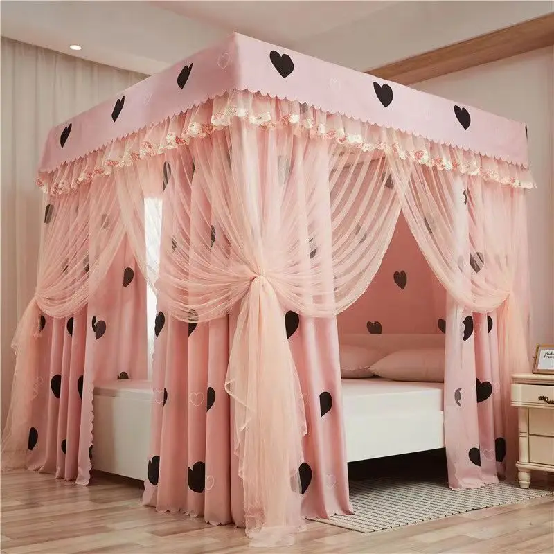 Pink Love Pattern Household Dense Shading Bed Curtain Mosquito and Dust Proof Bedroom Rest Mosquito Net No Support Bed Curtain