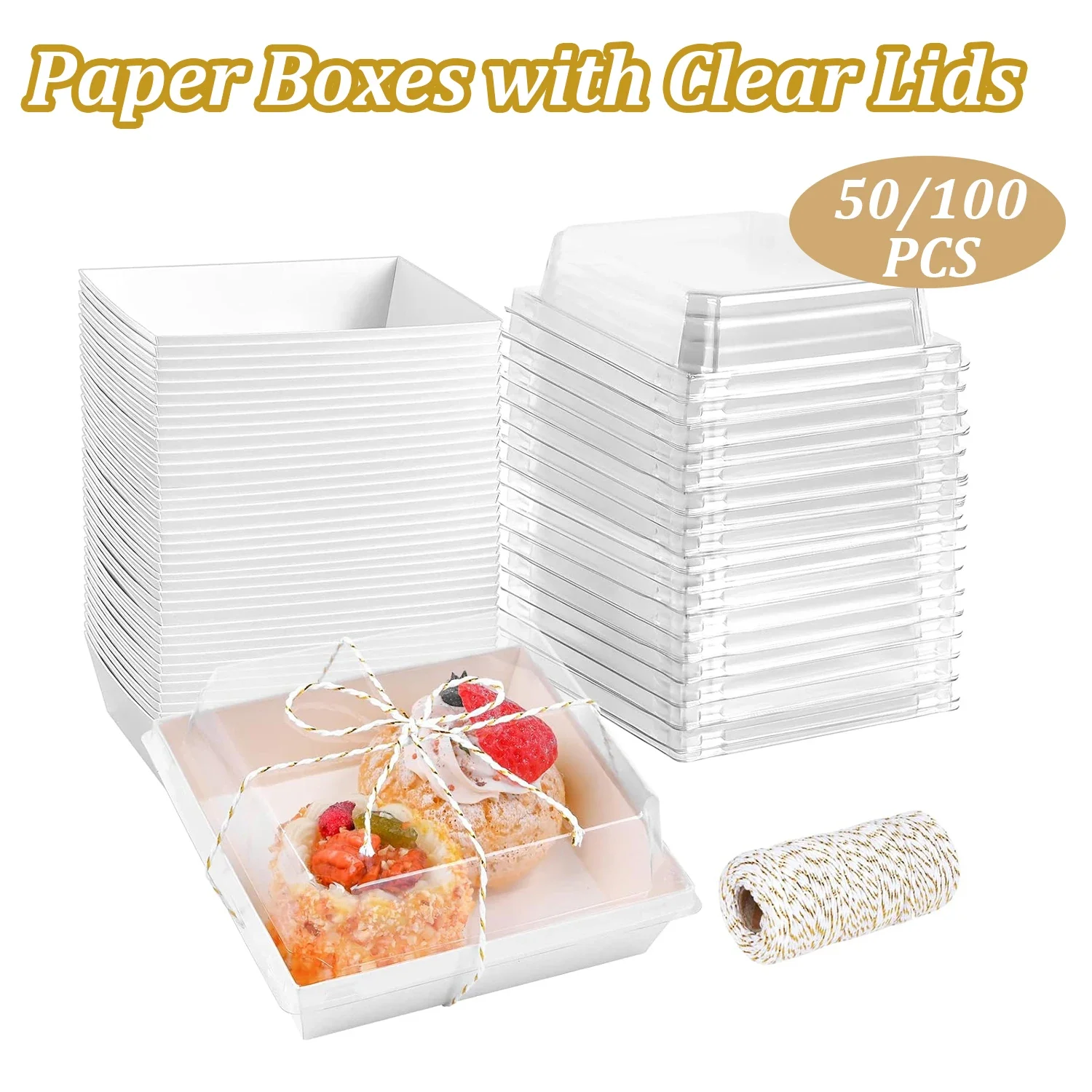 Scatole per salumi in carta da 50 pezzi con coperchi trasparenti scatole per Sandwich usa e getta bianche quadrate da 4 pollici contenitori da Dessert a Go