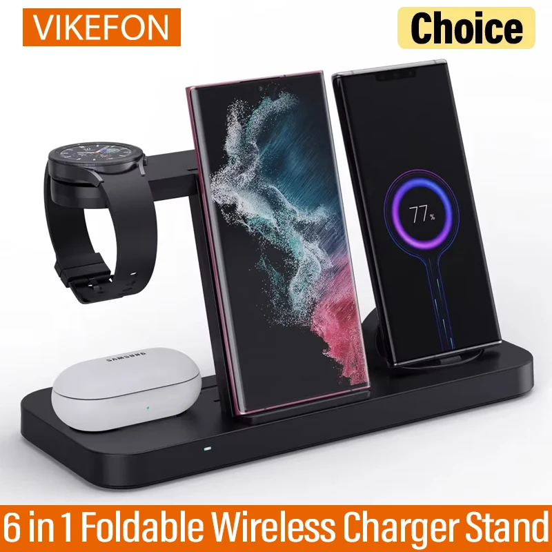 Supporto per caricabatterie wireless pieghevole 6 in 1 per Samsung S22 S21 S20 S10 Nota Galaxy Watch 5 4 Active Buds Stazione dock di ricarica rapida
