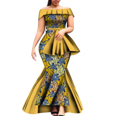 Bintarealwax Off-Shoulder Party Dress Bazin Riche African Dresses for Women Plus Size Graceful Lady Print Wax Clothing WY8650