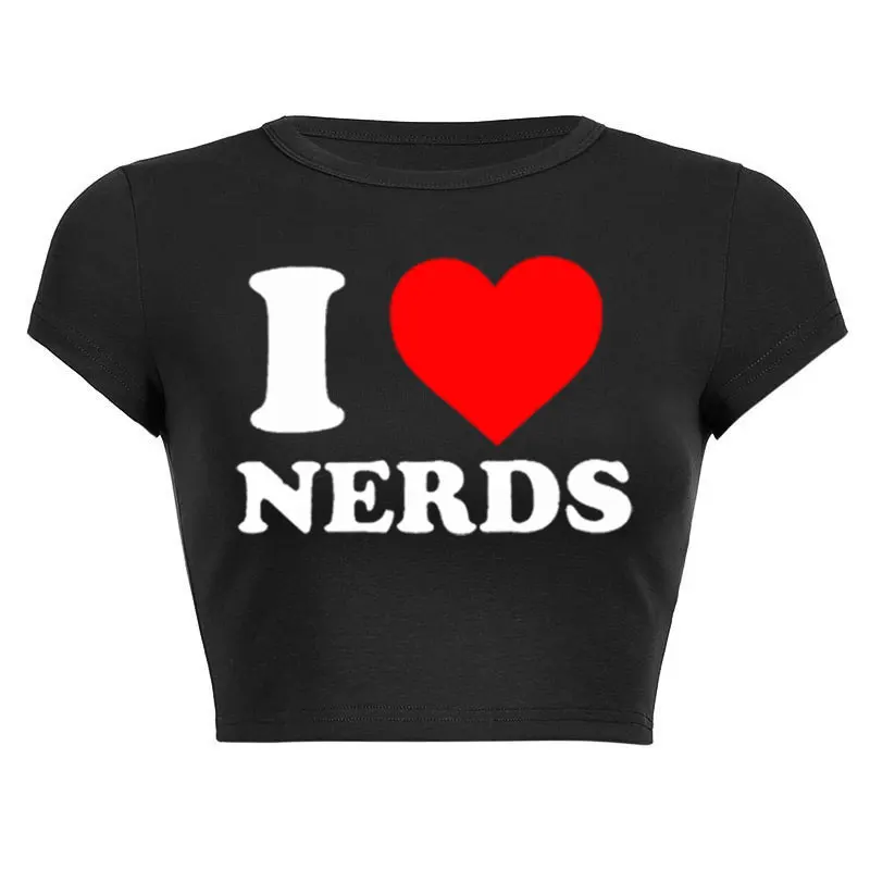 I Love Nerds Red Love Heart donna Cropped top Harajuku lettere stampate estate donna Cropped ombelico donna Crop Fashion t-shirt