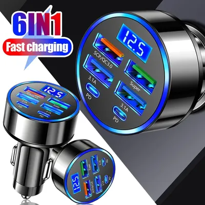 6 Ports Car Charger USB C Car Phone Charger PD Type C Power Adapter in Car Fast Charging For iPhone Samsung Xiaomi Huawei QC 3.0