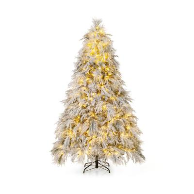 Costway 7 Feet Pre-Lit Snow Flocked Christmas Tree with Warm White LED Lights-7 ft