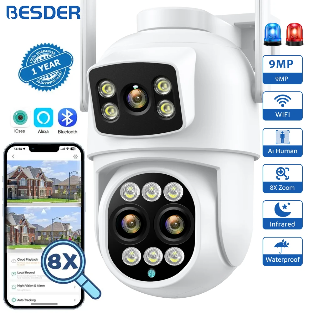9mp ptz wifi kamera dual screen 8x digitaler zoom menschliche erkennung im freien sicherheits schutz cctv überwachung ip kamera icsee Image