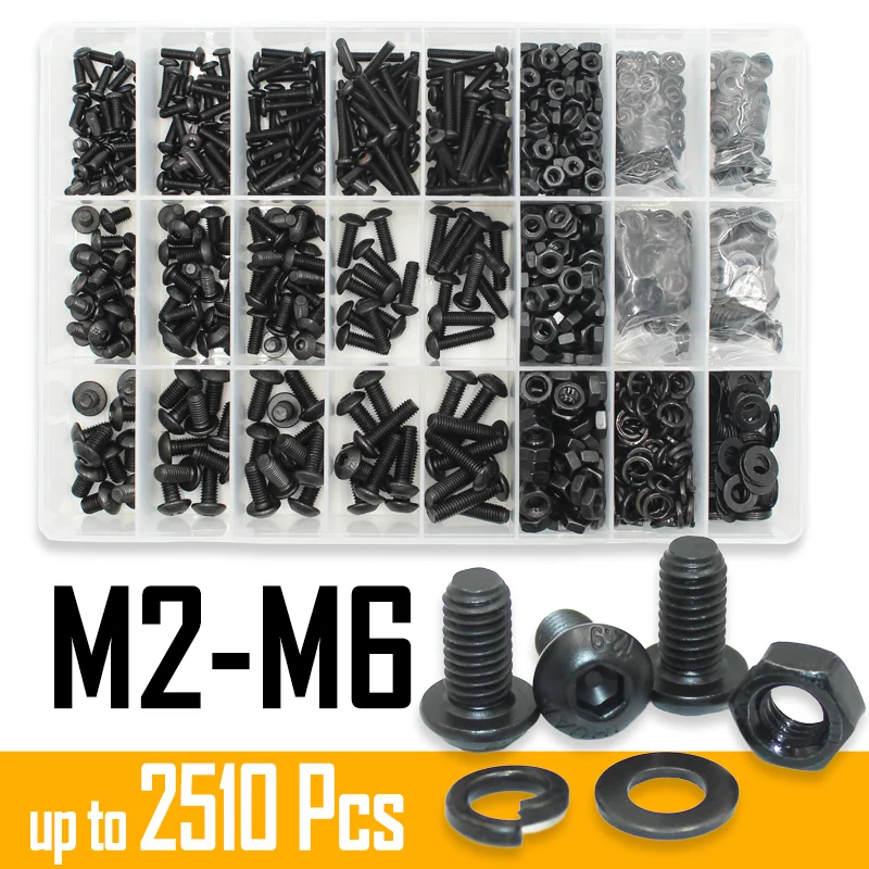 2510p Rundes Sechskantschraubenset M2 M2,5 M3 M4 M5 M6 10,9 Grade Black Socket Button Head Allen Drive Schrauben Bolzen und Mutter und Unterlegscheibe Image