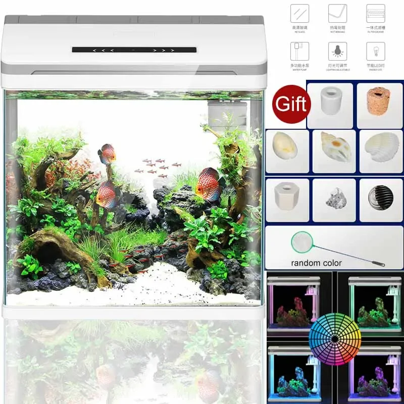 Smart Aquarium Filter stille Fütterung Plexiglas Aquarium Box LED Licht Goldfisch Schüssel Aquarium Tischplatte ökologischen Wassertank