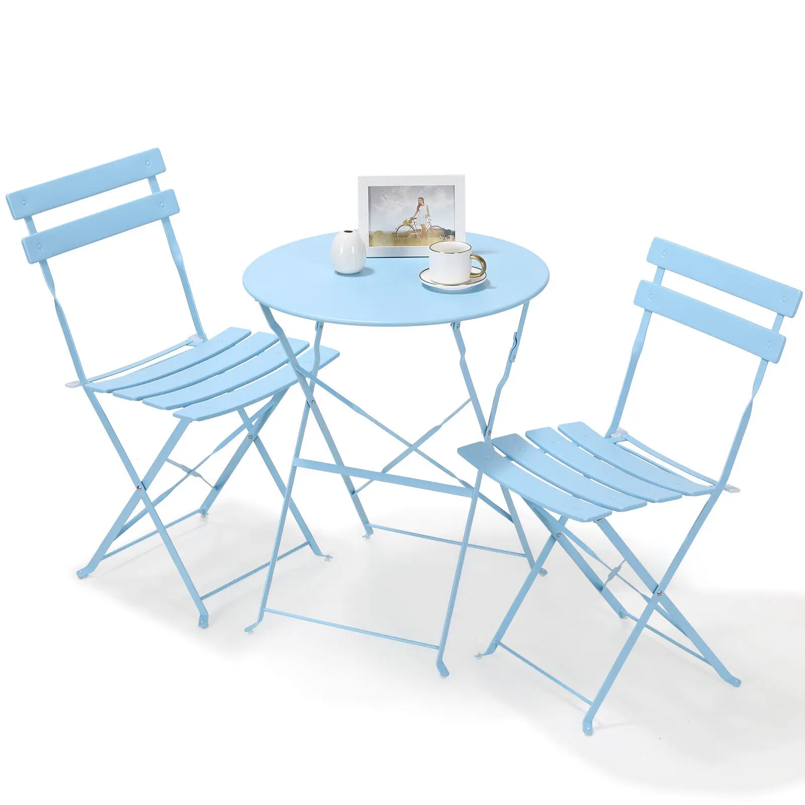 Gartenmöbel, Terrassen-Set, Bistro-Tisch-Set, 3-teilig, Stahltisch und Stühle, klappbares Bistro-Set für Rasen, Balkon, Hinterhof, Hof Image