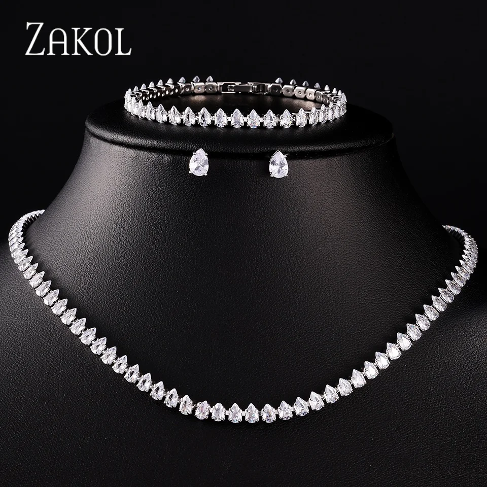 ZAKOL Luxus Wasser Tropfen Zirkonia Schmuck Sets Für Frauen Funkelnden Halskette Ohrringe Armband Braut Hochzeit Schmuck Sets Image