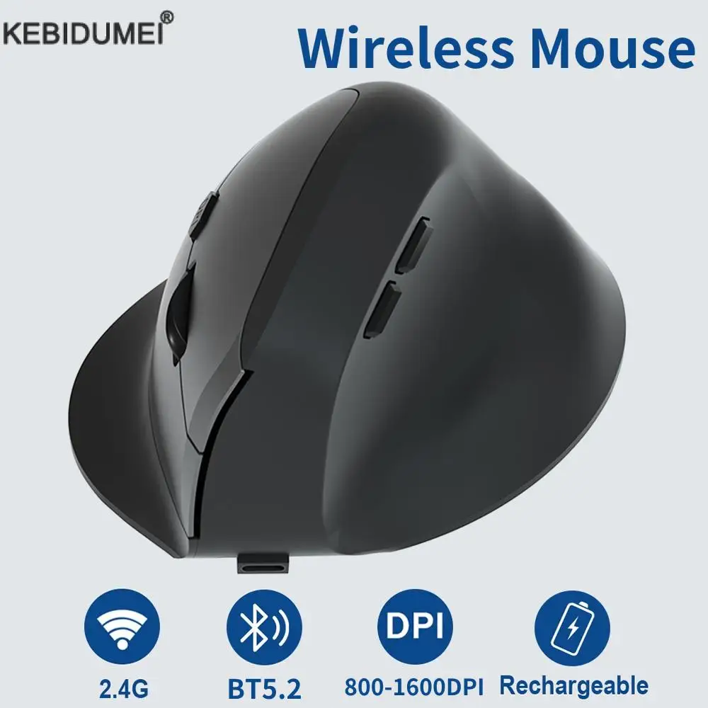 Vertikale ergonomische kabellose Maus, wiederaufladbar, Bluetooth 2,4 G USB-Mäuse, 1600 DPI, 6 Stummschalttasten für MacBook, Tablet, Laptop, Computer Image