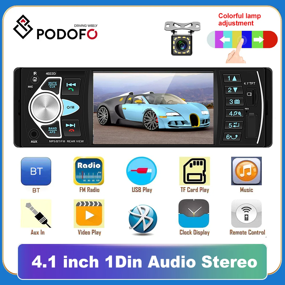Podofo Autoradio 1 din Auto mp3 4.1 ''HD Touchscreen-Player mit Bluetooth FM Radio Empfänger Unterstützung tf/USB Rückfahr kamera Image