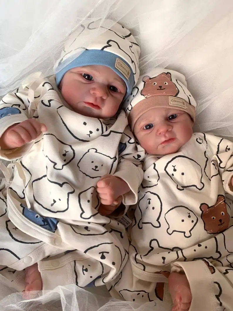 Süßes hochwertiges Silikon-Reborn-Baby mit Stoffkörper, Junge, Mädchen, Zwillinge, echt aussehende Puppe, weiches, realistisches Handbemalungshaar für Neugeborene