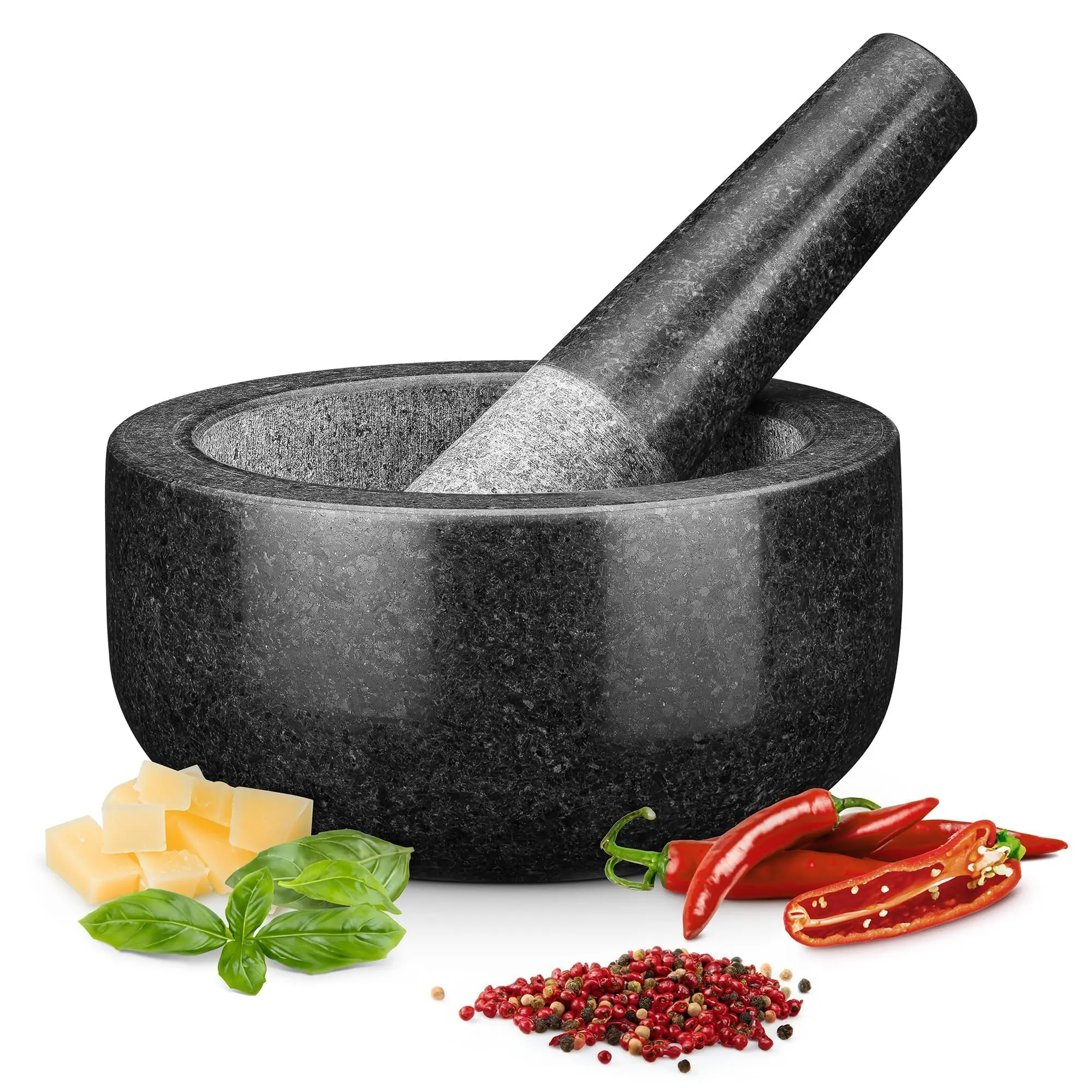 Mörser- und Stößel-Set, Premium-Mühle aus massivem Granit, rutschfeste Basis, 16 cm, zum Zerkleinern und Maischen von Kräutergewürzen, Guacamole