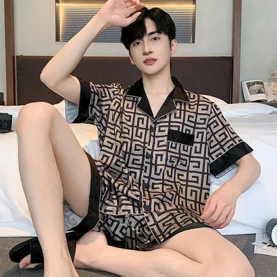 Hochwertige Pyjamas Anzug Männer Eis Seide Sommer dünne kurze Ärmel coole Satin Nachtwäsche schicke Image