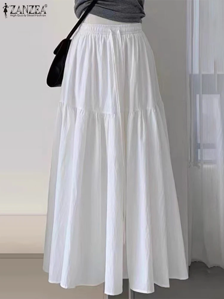 Frauen Maxi Röcke ZANZEA Sommer Elastische Taille Feste Rüschen Lange Sommerkleid Elegante Casual Weiß Rock Party Urlaub Faldas Saia