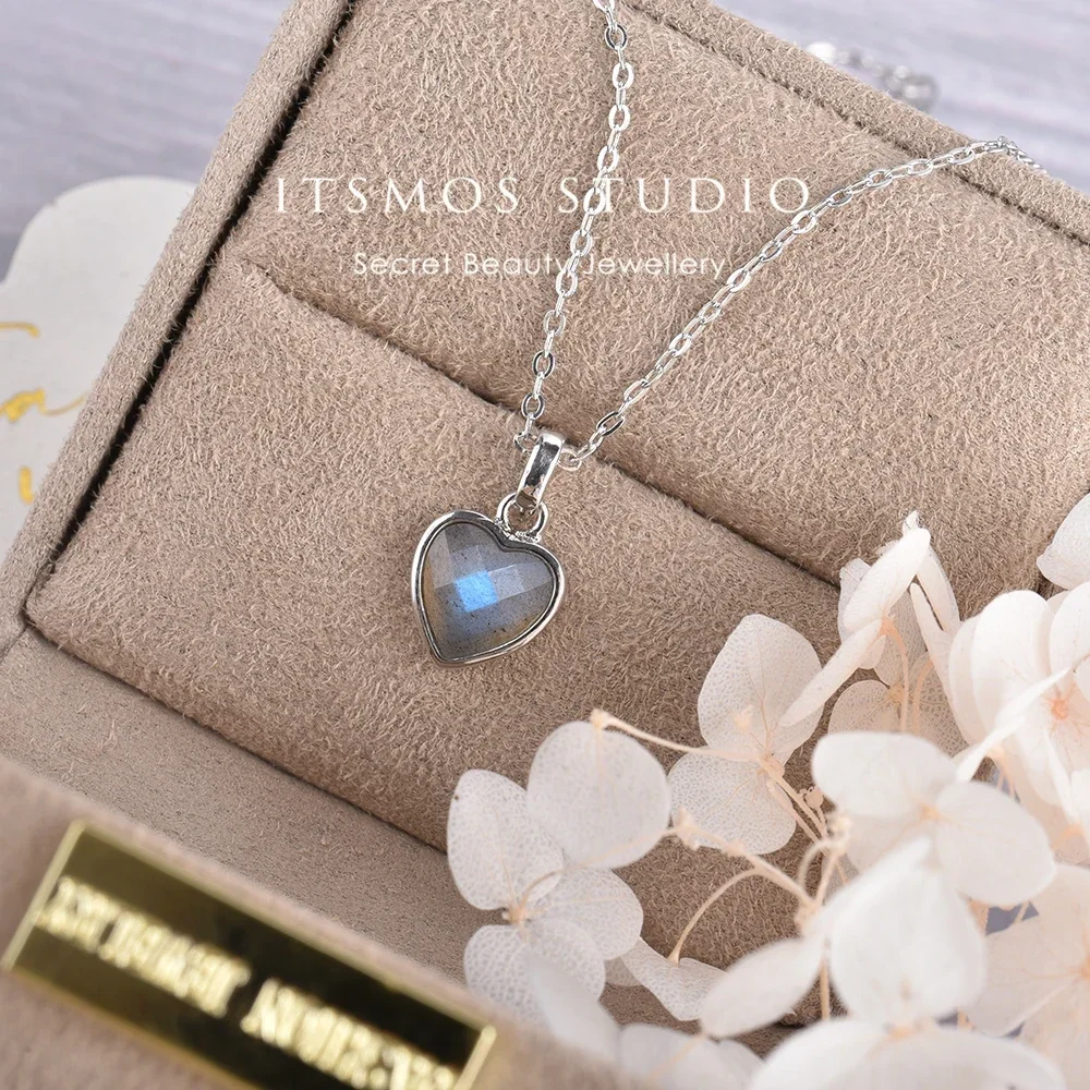 Itsmos Labradorit Herz Anhänger Halskette Labradorit Energie Stein Anhänger Herz Heilung Kristall spirituellen Schmuck für Frauen Image