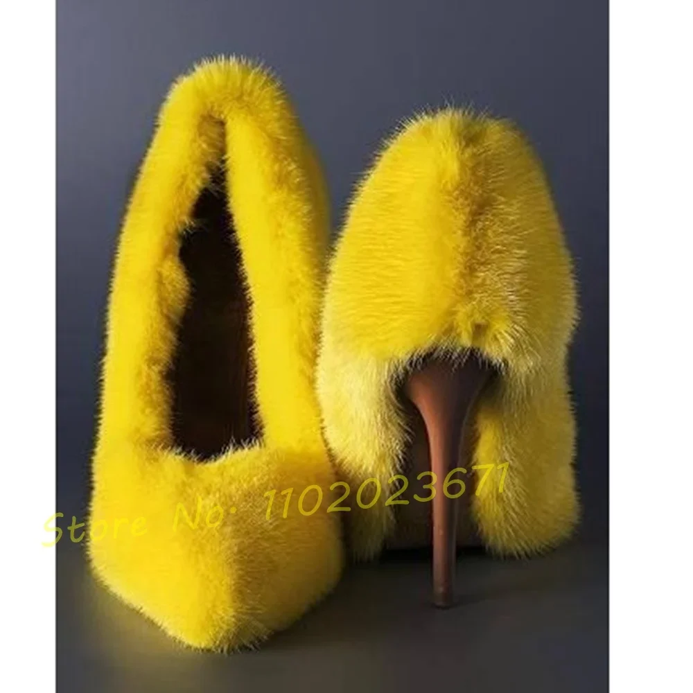 Gelbe Flusen spitze Absätze Pumps Frauen elegante Laufsteg Luxus Pelz High Heel Schuhe schicke Pumps Damen Sommer Party Kleid Pumps