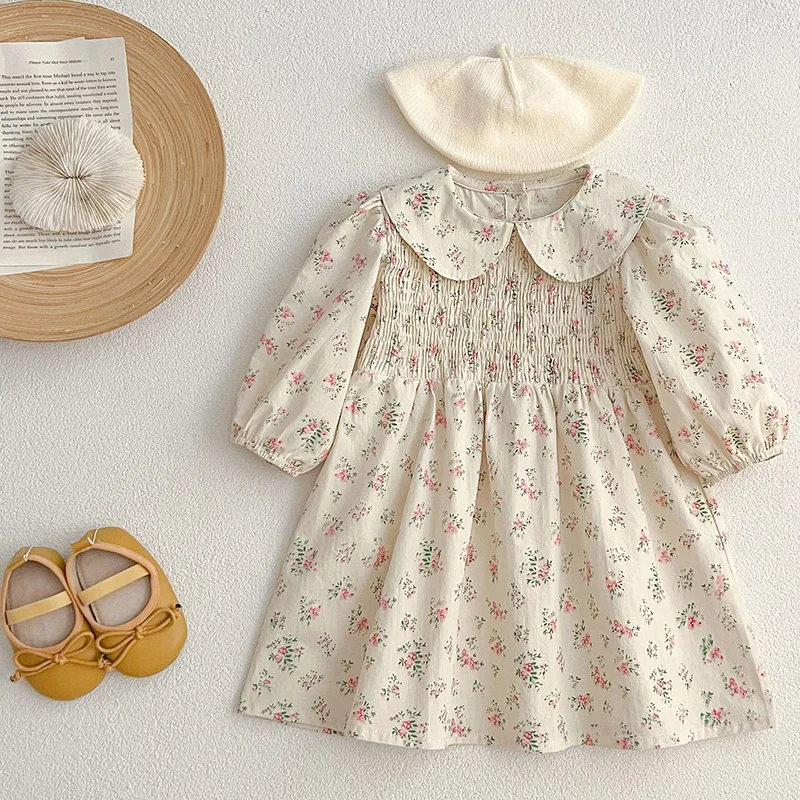 Neue Kinder Freizeit kleider Herbst Baby Mädchen Kleid rosa Blume Kinder Blumen kleidung Temperament Langarm Retro Prinzessin Kleid Image