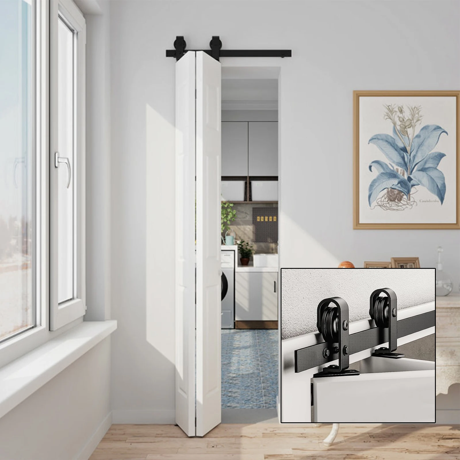 Zwei/vier zusammenklappbares Schiebetür-Montageset, zusammenklappbares Scheunentor-Bifold-Schiebetür-Montageset, zusammenklappbares Tür-Set, zwei/vier schwenkbare Räder