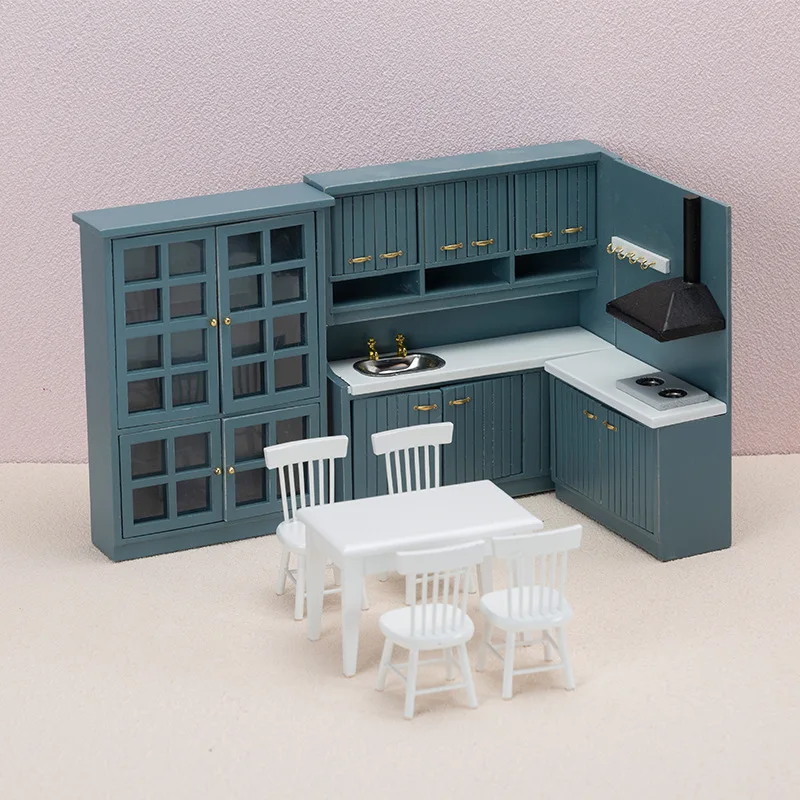 Puppenhaus Mini Küche Kocht isch Esstisch Stühle Schrank Set antike Küchen szene Requisiten Miniatur zubehör Wohnkultur Image