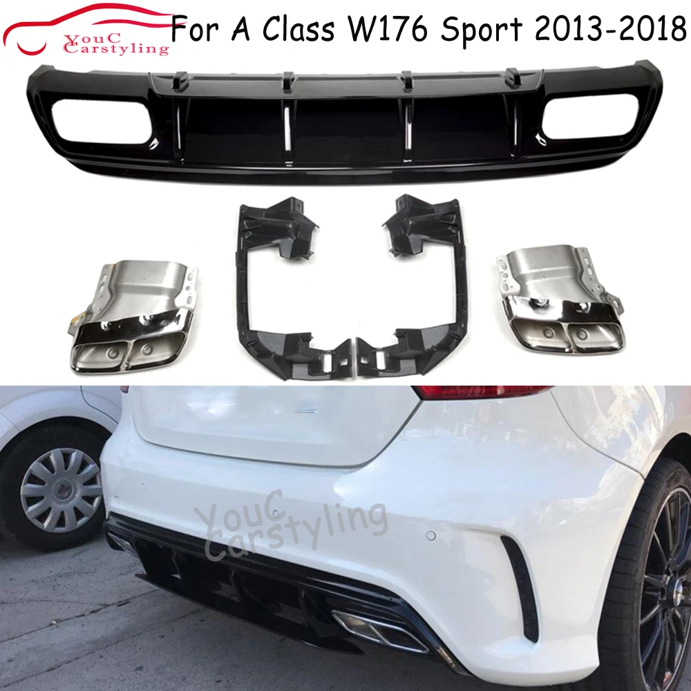 W176 A45 Heckstoßstange, schwarzer Diffusor mit 4-Auslass-Auspuffspitzen für Mercedes A-Klasse W176 2013–2018 A160 A180 A200 A250 AMG Sport Image