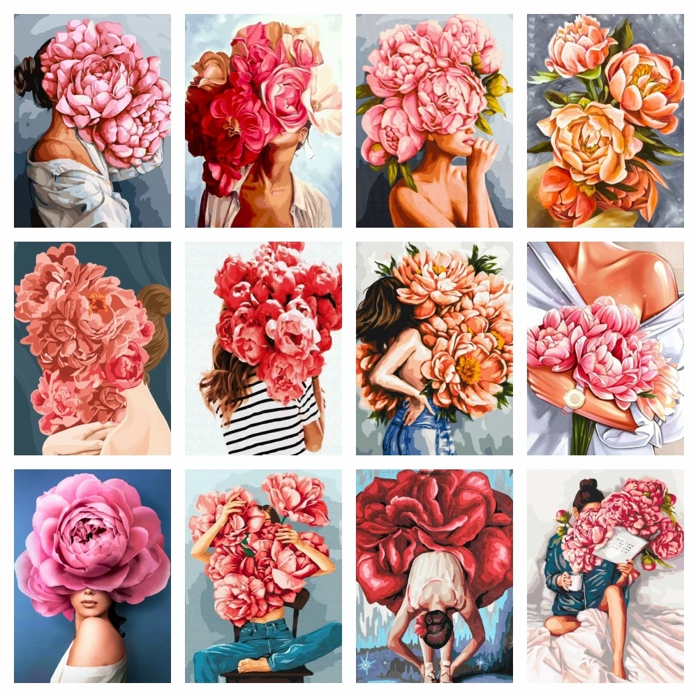 Azqsd erwachsene Farbe von Zahlen Frau Blume Färbung auf Leinwand Rose Pfingstrose Mädchen gerahmte Kunst Figur sexy Zeichnung DIY Geschenk Wand dekoration