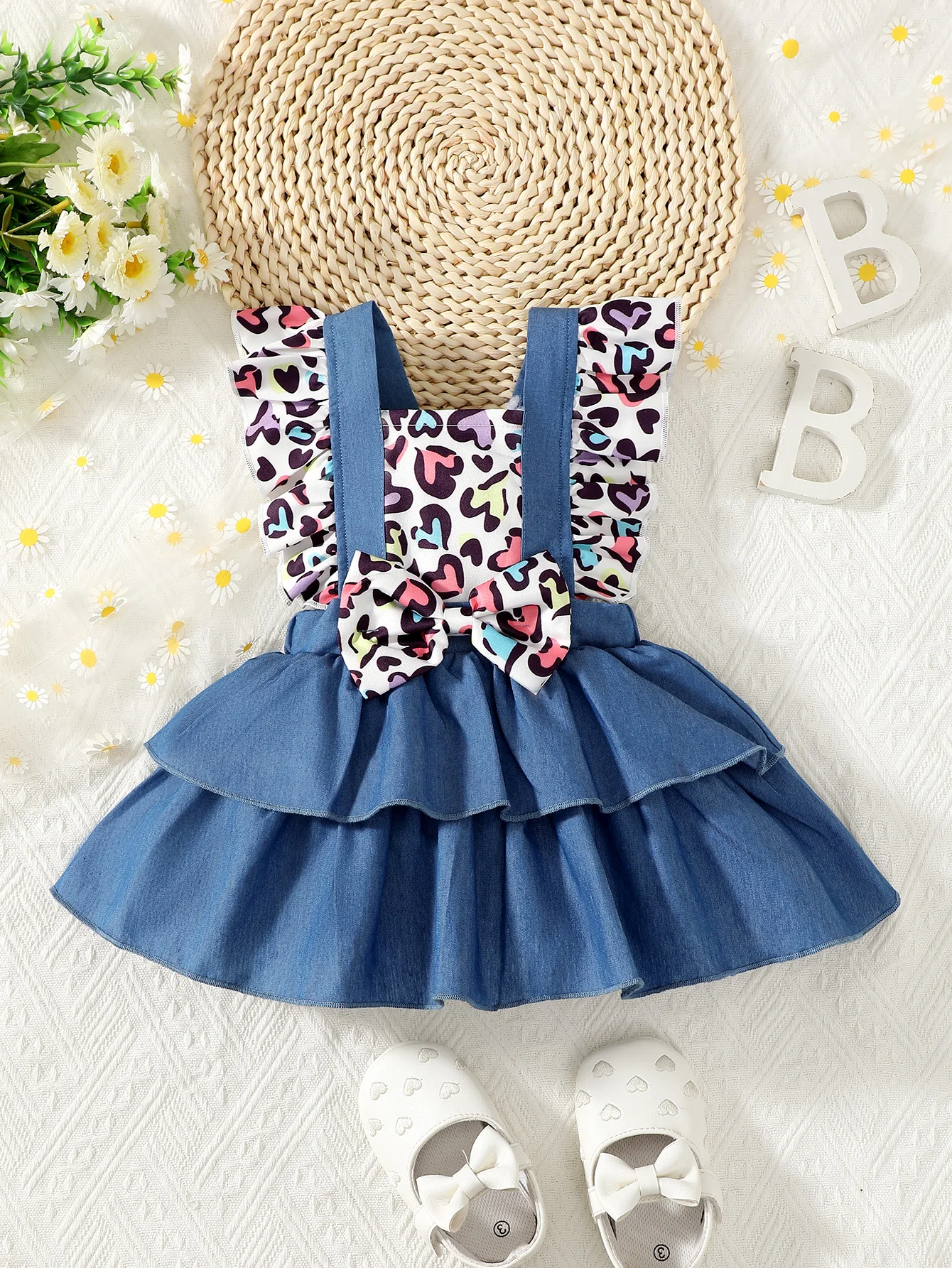Modische Baby Mädchen Sommer Denim Fliegen ärmel Herz Kleid Set Image