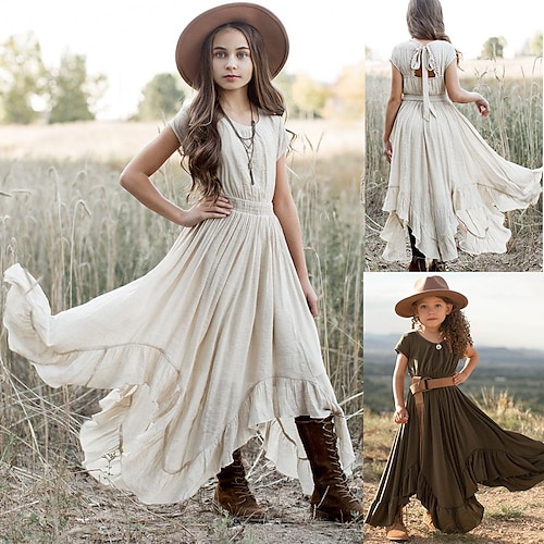 kinderkleidung Mädchen Party Kleid Feste Farbe Ärmellos Hochzeit Pegeant Prinzessin Süß Baumwolle Maxi abendkleider Sommerkleid Blumenmädchenkleid Sommer Frühling 5-12 Jahre Weiß Rosa Orange Image