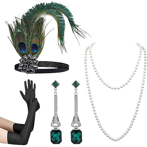 Vintage 1920er Der große Gatsby Flapper-Stirnband Zubehörset Charleston Hochzeitsgast Feder Mode Kostüm Damen Maskerade Hochzeitsempfang Junggesellinnenabschiedsparty Festival Erwachsene Handschuhe Image