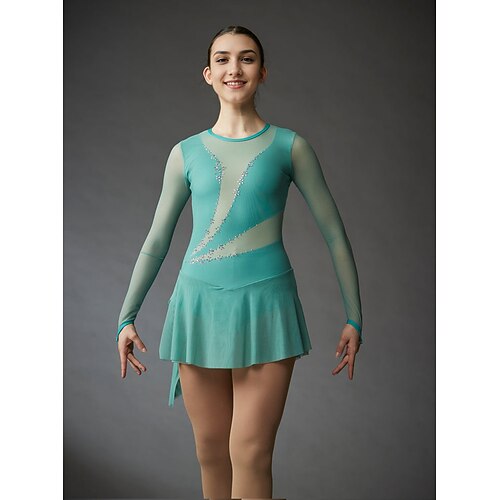 Eiskunstlaufkleid Damen Mädchen Eislaufen Kleider Grün Patchwork Daumenloch Gitter Hochelastisch Ausbildung Wettbewerb Eiskunstlaufkleidung Klassisch Langarm Eislaufen Eiskundstlauf Image