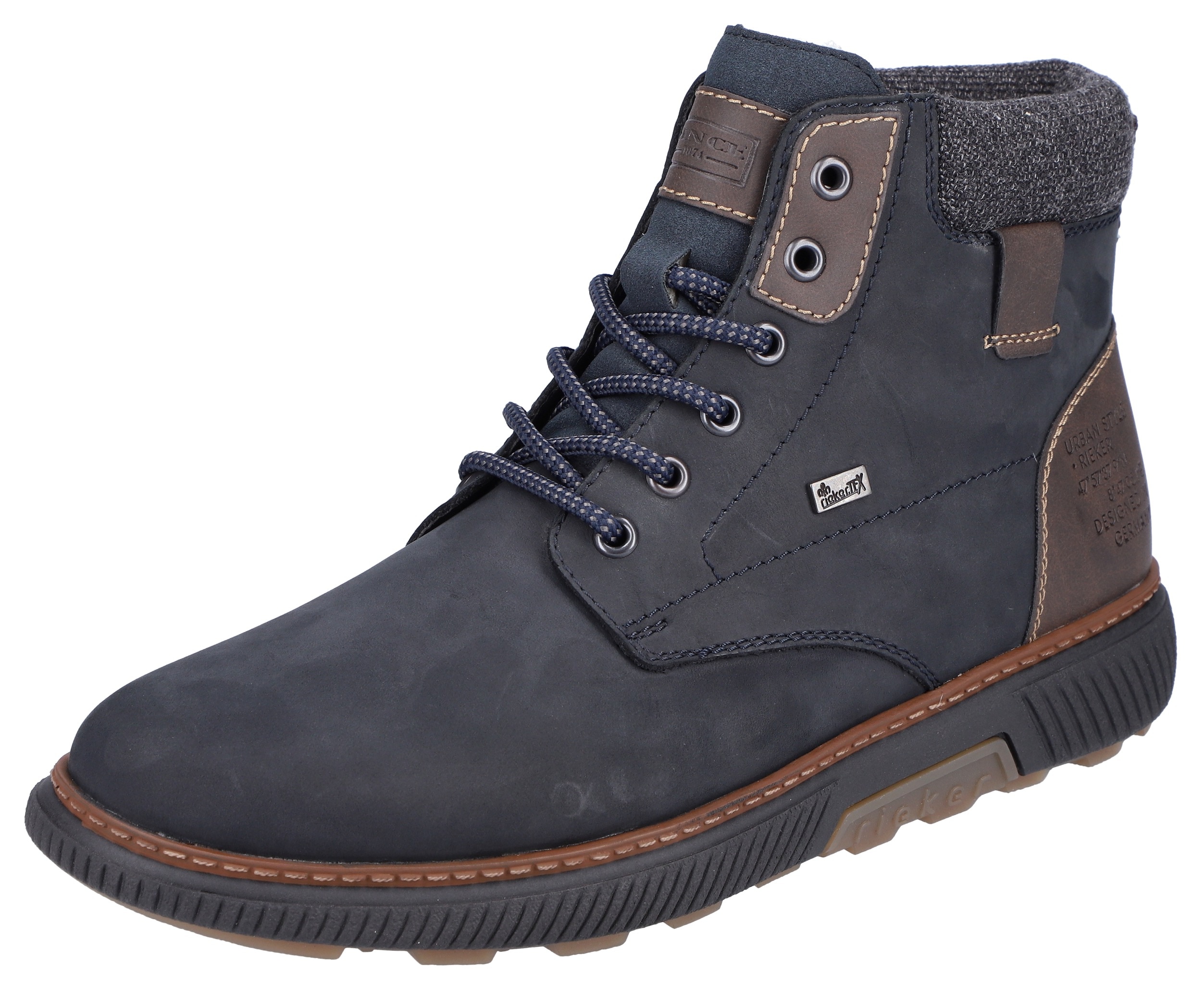 Winterboots RIEKER, Herren, Gr. 44, bunt (dunkelblau, braun), Lederimitat, Nubukleder, Textil, unifarben mit Farbeinsatz, Schuhe Winterboots, High Top Sneaker, Schnürstiefelette mit TEX-Membran, schmale Form, Topseller
