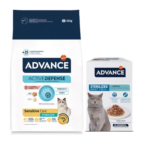 Advance Katzenfutter: 10kg Sterilized Sensitive Trockenfutter + 12x85g Sterilized Kabeljau...