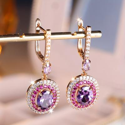 TEMU Elegant Vintage Purple Cubic Zirconia Round Lace Drop Earrings, Dangle Earrings For Women, Fashionable Party Birthday Engagement Wedding Anniversary Jewelry Image