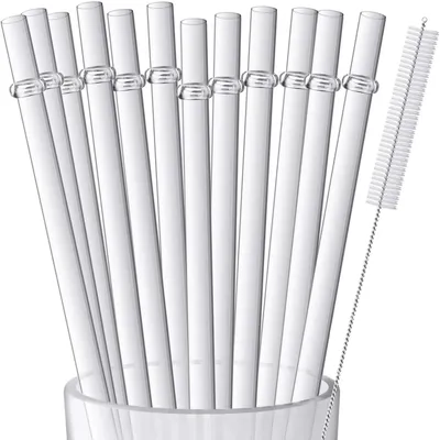 12 Clear Hard Plastic Straws for 16 oz, 20 oz, Stanley, YETI, Starbucks Glasses with Cleaning Brush