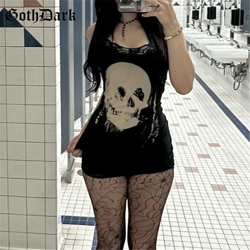 Gothic Dark Streetwear Anime Totenkopf-Print Träger-Minikleid mit Feen-Spitzenbesatz Club-Outfits Schmal geschnittene sexy Bodycon-Kleider Mall Gothic