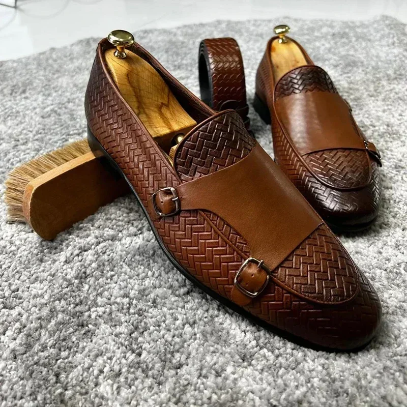 Männer Müßiggänger Schuhe Braun Schwarz Pu Atmungsaktive Doppel Schnalle Mönch Schuhe Mokassins Cuir Pour Hommes Männer Schuhe Image