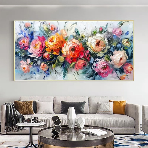 handgemachtes original buntes Blumenölgemälde auf Leinwand abstrakte florale Wandkunst Dekor Wohnzimmer Wohndekor mit gespanntem Rahmen/ohne Innenrahmen Gemälde Image