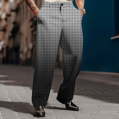 Herren Hahnentrittmuster Anzughose Mittlere Taille Business-Casual Formell Alltagskleidung Reißverschluss Tasche Gerade Hosen Sommer Frühling Herbst 3D-Druck Grau Image