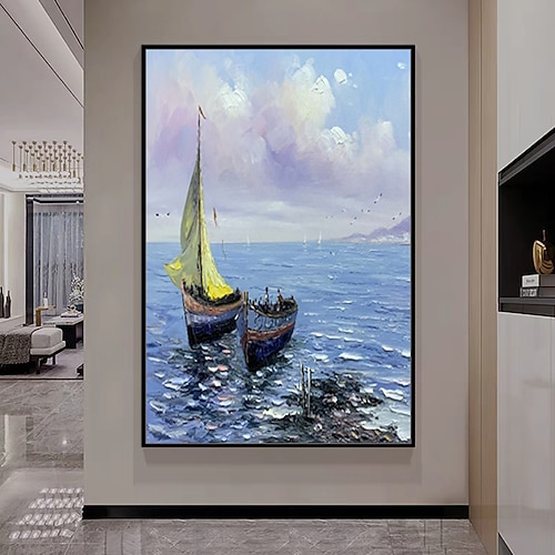 Mintura handgefertigte abstrakte Ölgemälde mit Boot und Seelandschaft auf Leinwand, moderne Wandkunst, Raumdekoration, Bild für die Inneneinrichtung, gerolltes, rahmenloses, ungedehntes Gemälde Image