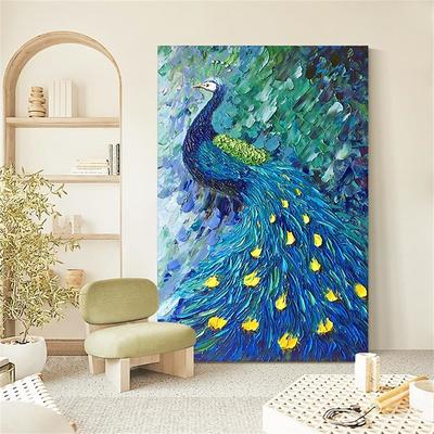 Handmade Oil Painting Canvas Wall Art Decoration Animal Abstract Blue Peafowl for Home Decor Rolled Frameless Unstretched Painting