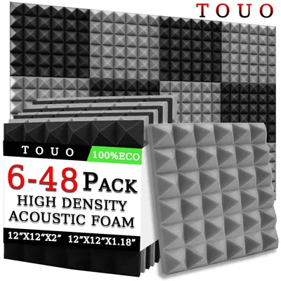 TOUO 6-48 Pcs Pyramid Acoustic Foam Sound Insulation Treatment High-Density Acoustic Foams Panels Drum Room Acoustic Treatment