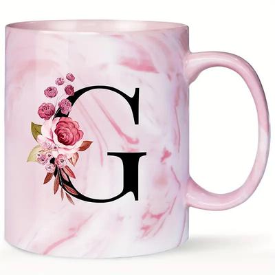 Pink Marbled Ceramic Coffee Mug with Floral Monogram A-Z, Birthday Gift for Women, Mom, Best Friend, Bride, Bridesmaid, White Tea Cup, Thanksgiving/Christmas Gift