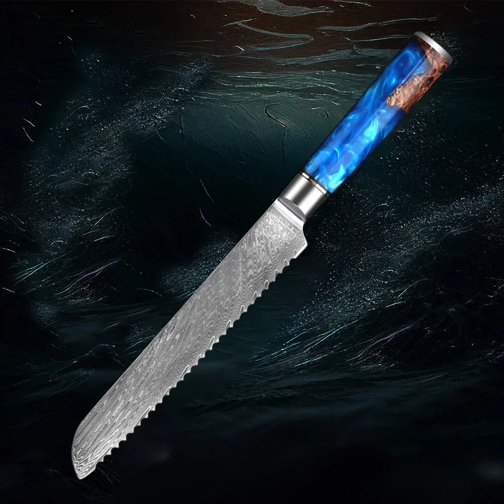 Beruf Brot Messer Scharfe Deutsch Damaskus Stahl Kuchen Brot Slicer Cutter Küche Chef Backen Messer Blau Harz Griff Image