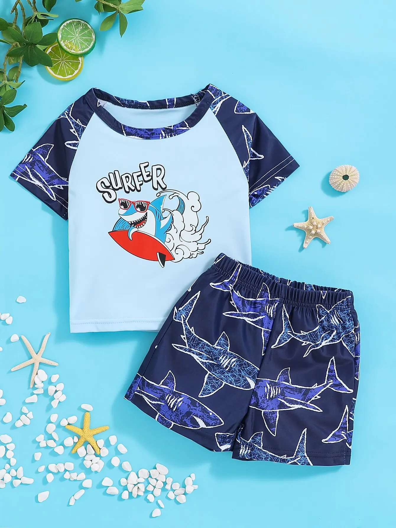 2-teiliger Baby-Badeanzug für Jungen, Sommer, Reisen, Strand, bequem, weich, atmungsaktiv, lässig, modisch, Hai-Druck, kurzärmeliges Shorts-Set Image