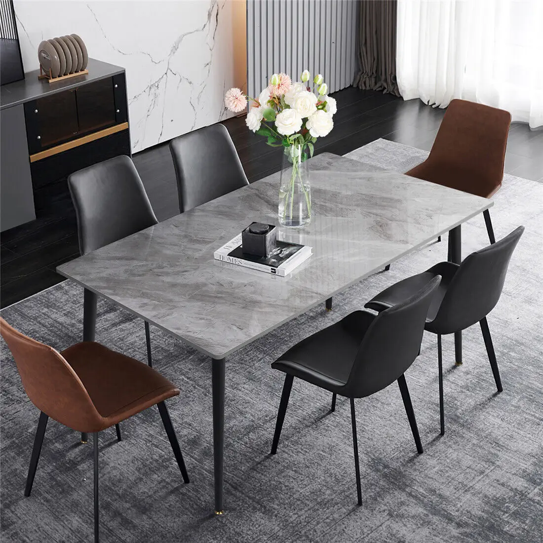 Hochglänzender rechteckiger Marmor-Esstisch mit 4–6 Sitzplätzen für Kücheninsel, Restaurant, Mittagessen, Esstisch, Metallrahmen Image